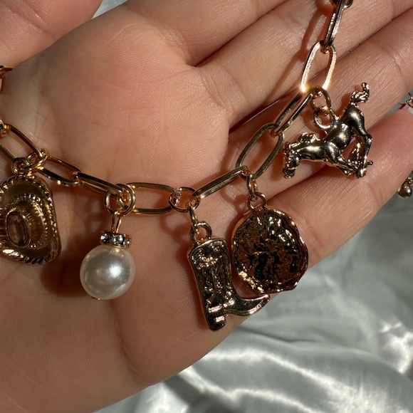 Gold Chain Western Charm Bracelet – Cowboy Boot, Hat & Pearl Charms - Picture 4 of 7